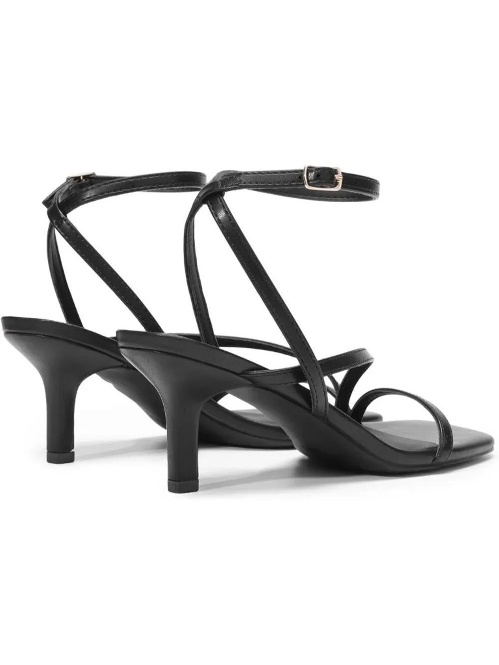 Women's Black Faux Leather Low Kitten Heels Open Square Toe Ankle Strap Sandals